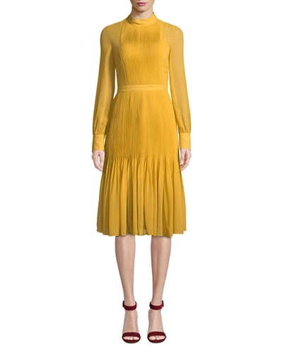 Aijek Pleated Long-sleeve Chiffon Dress In Yellow