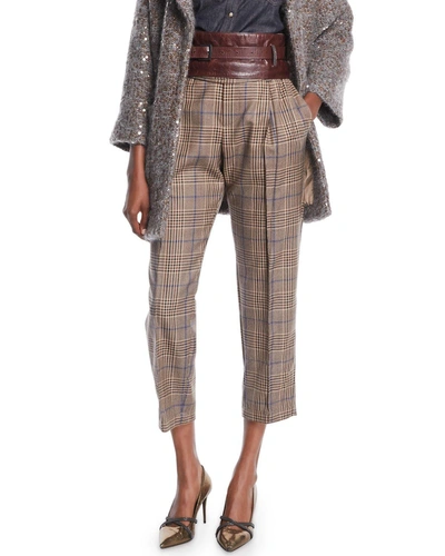 Brunello Cucinelli Plaid-wool Straight-leg Pants In Beige