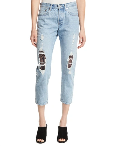 Levi's 501 Cropped Taper Distressed Jeans In Light Blue