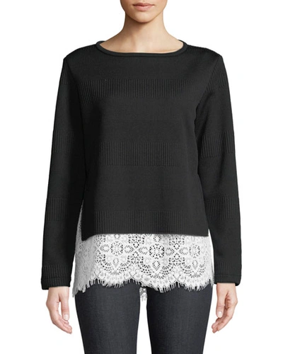 Finley Wendy Round-neck Long-sleeve Rib-knit Sweater W/ Lace Hem In Black
