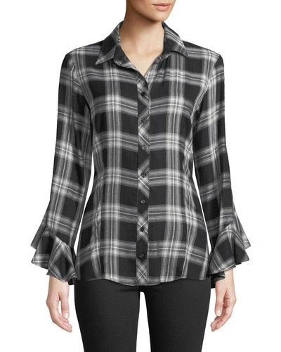 Finley Carmella Ruffle-sleeve Button-front Plaid Blouse In Black/white