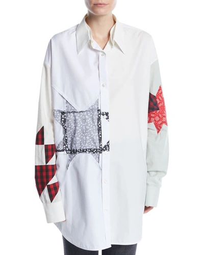Calvin Klein 205w39nyc Long-sleeve Button-front Patchwork Tunic Shirt In White Pattern