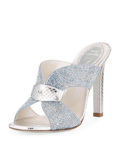 René Caovilla Strass Slide Mule Sandals In Silver