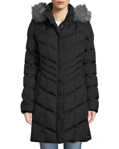 Bogner Kiara Long Chevron Down Puffer Coat W/ Hood & Faux-fur Trim In Black