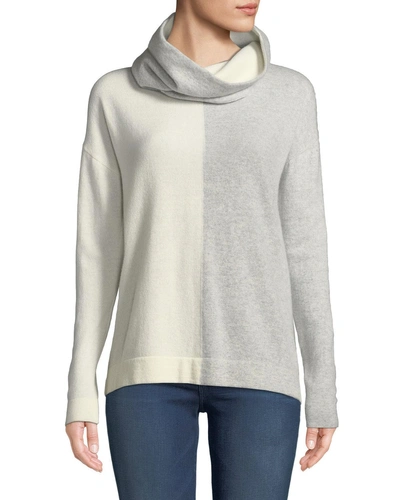Neiman Marcus Cashmere Colorblock Sweater With Detachable Snood In Winter White/grey