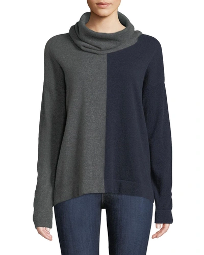 Neiman Marcus Cashmere Colorblock Sweater With Detachable Snood In Heather Grey/navy