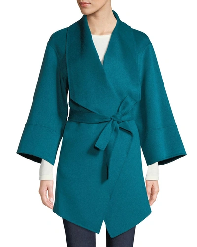 Neiman Marcus Luxury Double-faced Cashmere Wrap Coat In Deep Teal