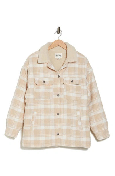 Roxy Passage Of Time Plaid Shacket With Faux Shearling Collar In Tapioca Swell Check
