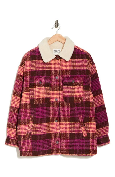 Roxy Passage Of Time Plaid Shacket With Faux Shearling Collar In Bitter Chocolate Multi