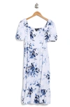 Ellen Tracy Puff Sleeve Linen Blend Midi Dress In Blue