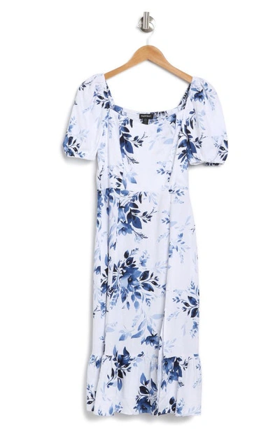 Ellen Tracy Puff Sleeve Linen Blend Midi Dress In Blue