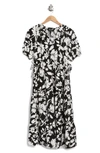 Ellen Tracy Floral Puff Sleeve Side Tie Midi Dress In Black/ White Floral Blossom