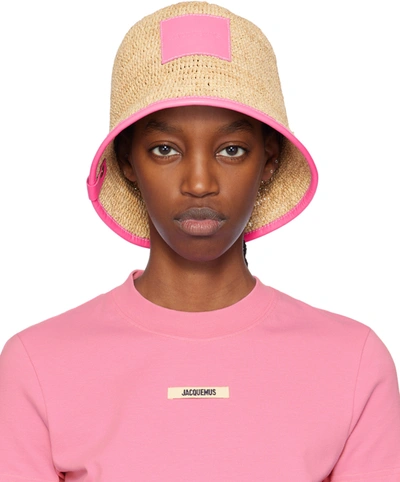 Jacquemus Beige & Pink 'le Bob Soli' Hat In Neon Pink