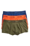 Calvin Klein 3-pack Stretch Cotton Low Rise Trunks In Green/ Dark Night/ Orange