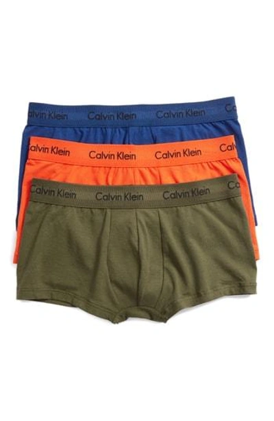 Calvin Klein 3-pack Stretch Cotton Low Rise Trunks In Green/ Dark Night/ Orange