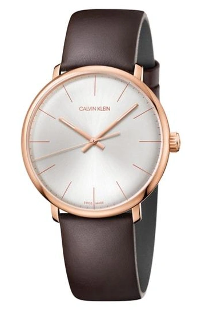 Calvin Klein High Noon Leather Strap Watch, 40mm In Brown/ Silver/ Rose Gold