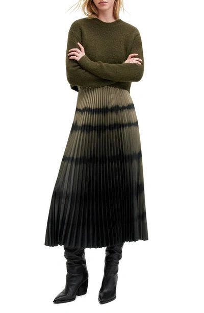 Allsaints Curtis Knitted Jumper And Ombre Recycled-polyester Midi Dress In Khaki Green