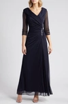 Alex Evenings Pleated Portrait Collar Chiffon Gown In Navy