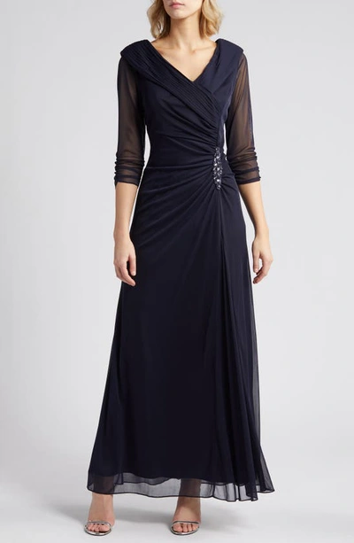 Alex Evenings Pleated Portrait Collar Chiffon Gown In Navy