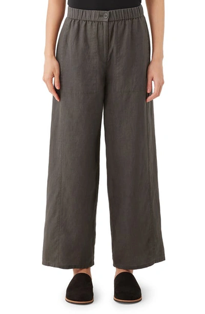 Eileen Fisher Wide Leg Organic Linen Ankle Trousers In Olive Green