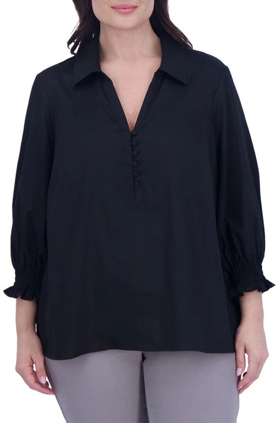 Foxcroft Alexis Smocked Cuff Sateen Popover Top In Black