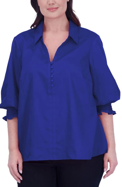 Foxcroft Alexis Smocked Cuff Sateen Popover Top In Sapphire
