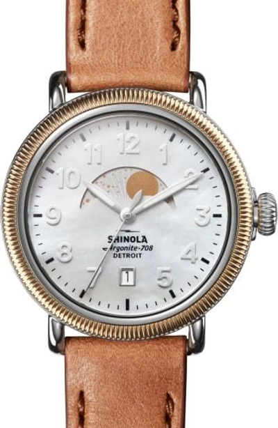 Shinola The Runwell Moon Phase Leather Strap Watch, 38mm In Bourbon/ White Mop/ Gold