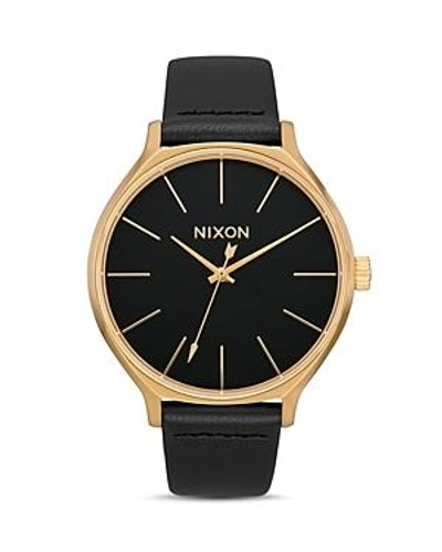 Nixon The Clique Leather Strap Watch, 38mm In Black/ Gold/ Black