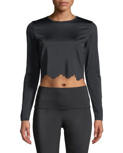 Beyond Yoga Cruz Scalloped Long-sleeve Activewear Crop Top In Black