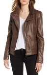 Bernardo Leather Moto Jacket In Saddle Brown