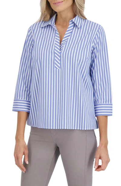 Foxcroft Sophia Stripe Three-quarter Sleeve Stretch Tunic In Periwinkle