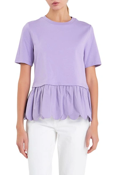 English Factory Mixed Media Scallop Peplum Cotton Top In Purple