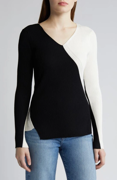 Dkny Sportswear Two-tone Rib Sweater In Black/ Ivory