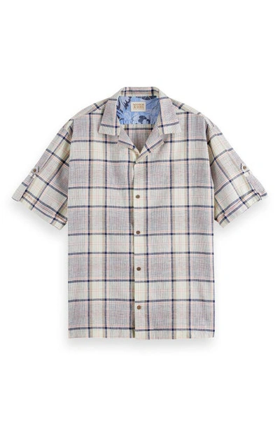 Scotch & Soda Short Sleeve Organic Cotton & Linen Button-up Camp Shirt In 6039-white/blue Stripe