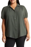 Adrianna Papell Gathered Short Sleeve Button-up Shirt In Dusty Olive