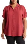 Adrianna Papell Gathered Short Sleeve Button-up Shirt In Rose
