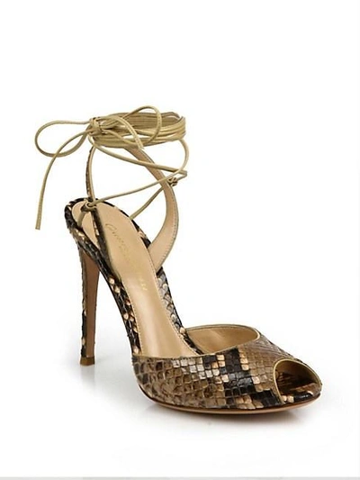 Gianvito Rossi Python-embossed Leather Peep Toe Ankle-wrap Sandals In Cookie