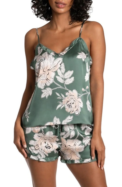 Midnight Bakery Fiji Floral Ruffle Trim Print Satin Short Pajamas In Green