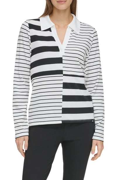 Andrew Marc Sport Mixed Stripe Long Sleeve Polo In White/ Black