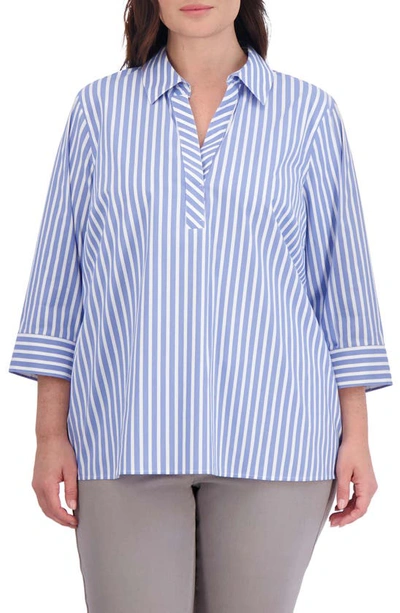 Foxcroft Sophia Stripe Three-quarter Sleeve Stretch Button-up Shirt In Blue