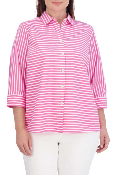 Foxcroft Kelly Stripe Cotton Blend Button-up Shirt In Azalea