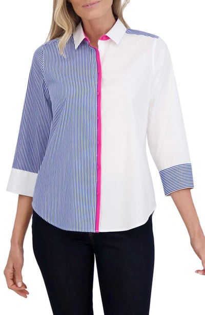 Foxcroft Charlie Colorblock Cotton Blend Button-up Shirt In Blue Wht Stripe