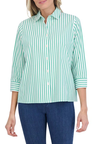 Foxcroft Sandra Stripe Cotton Blend Button-up Shirt In Kelly Green