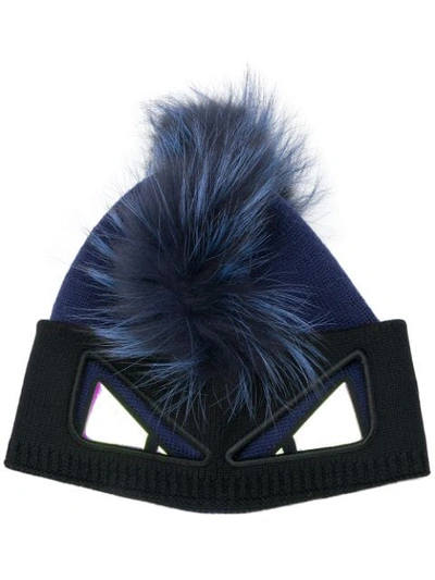 Fendi Monster Knit & Fur Beanie Hat In Blue