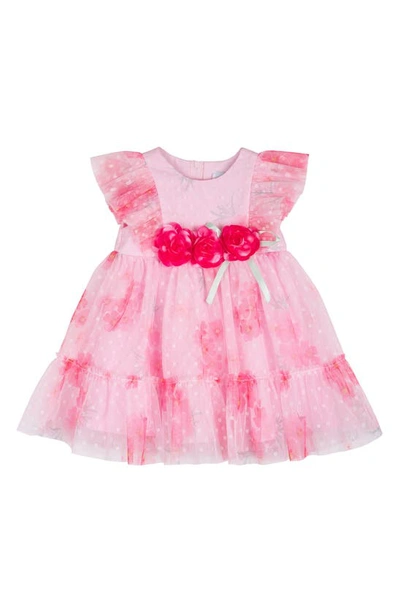 Rare Editions Babies' Floral Clip Dot Dress In Pink
