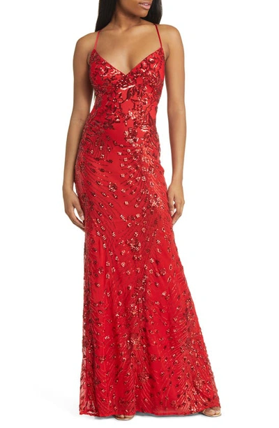 Lulus Photo Finish Sequin High-low Maxi Dress In Red/ Shiny Red