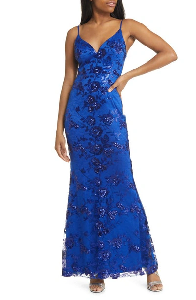 Lulus Shine Language Floral Sequined Lace Gown In Shiny Royal Blue