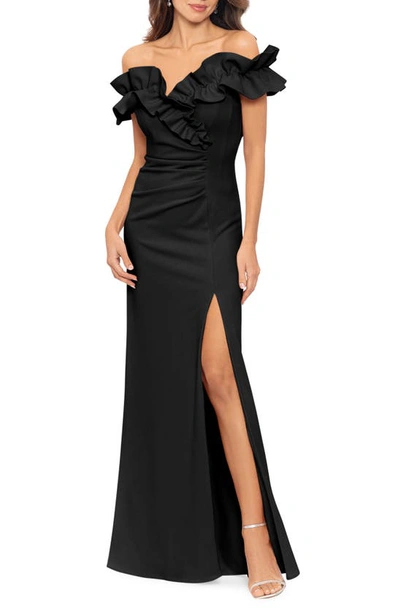 Xscape Ruffle Off The Shoulder Ruched Gown In Black