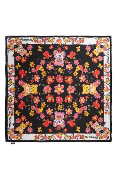 Moschino Teddy Floral Print Silk Scarf In Black Multi