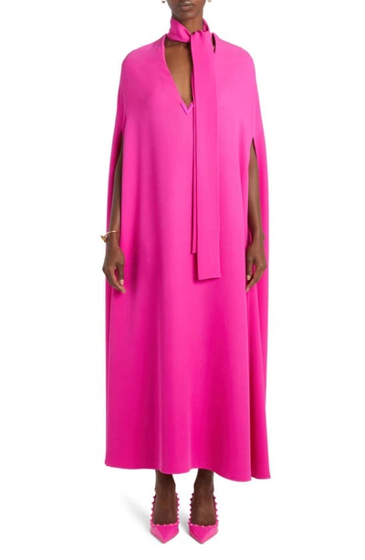 Valentino Tie Neck Silk Cape Dress In Pink Pp/ Pink Pp